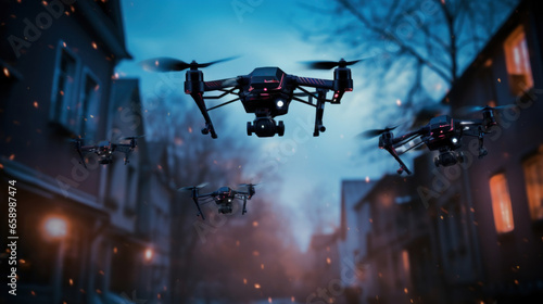 Black combat drones fly over the city at night.