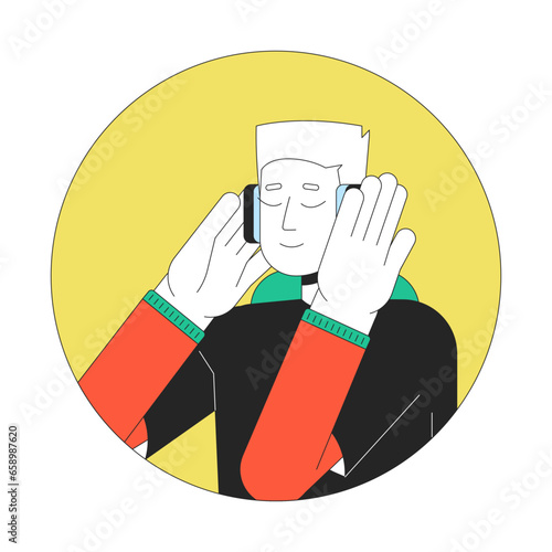 Pressing headphones teen boy 2D line vector avatar illustration. Listening to music beats outline cartoon character face. Meditating closed eyes. Music lover flat color user profile image isolated