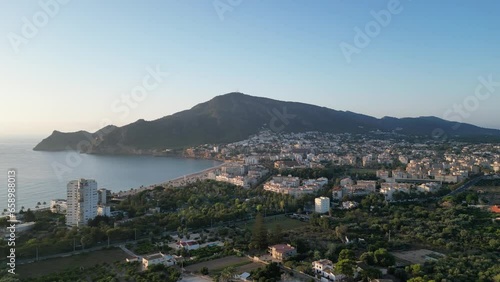 Aerial view Alfaz del Pi,  L'Albir with Serra Gelada Natural Park and mediterranen sea in background. Sunrise Spain