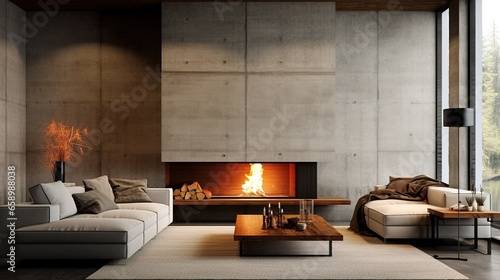 Minimalist style interior design of modern living room with fireplace and concrete walls