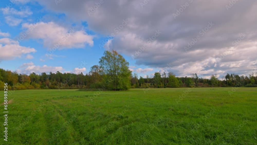 Beautiful view of autumn landscape with agricultural fields against backdrop of yellowed forest trees and blue sky with clouds. Sweden. Beautiful view of autumn landscape with agricultural fields against backdrop of yellowed forest trees and blue sky with clouds. Sweden.