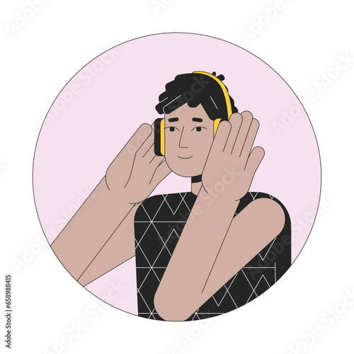 Headphones hispanic guy 2D line vector avatar illustration. Dreads latino listening to music beats outline cartoon character face. Podcast listener. Music lover flat color user profile image isolated