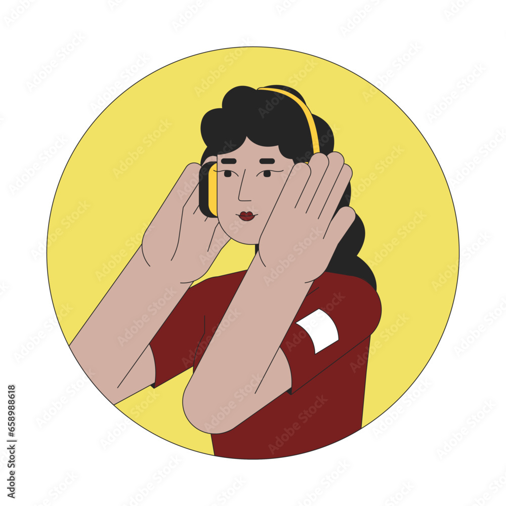 Headphones lady latin american 2D line vector avatar illustration. Mexican young woman listening music outline cartoon character face. Podcast listen. Melomaniac flat color user profile image isolated Headphones lady latin american 2D line vector avatar illustration. Mexican young woman listening music outline cartoon character face. Podcast listen. Melomaniac flat color user profile image isolated