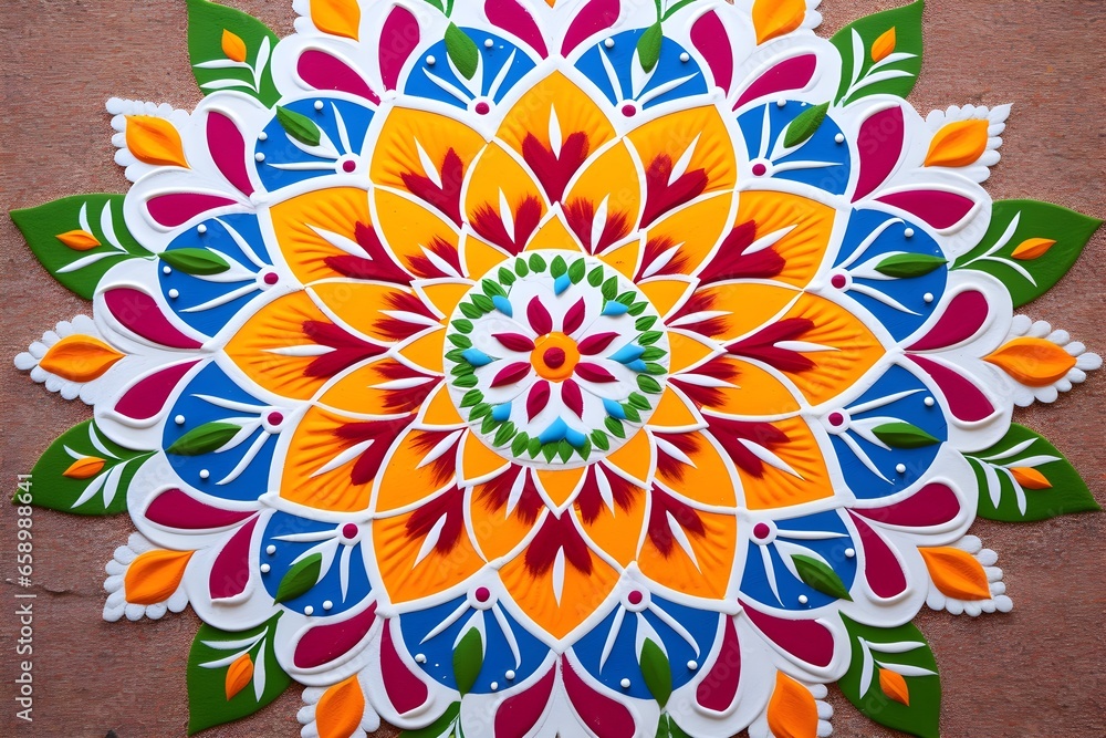 Deepavali indian rangoli mandala flat lay background with copy space Deepavali indian rangoli mandala flat lay background with copy space