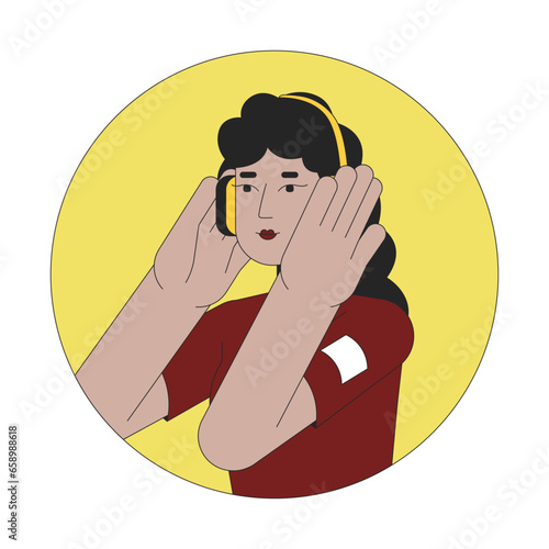 Headphones lady latin american 2D line vector avatar illustration. Mexican young woman listening music outline cartoon character face. Podcast listen. Melomaniac flat color user profile image isolated