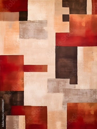 Red white biege brown rustic rug design, geometric squares, abstract art work portrait wall art