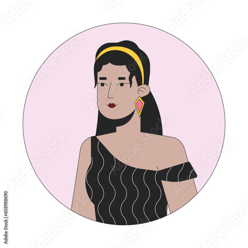 Handsome hispanic lady in 70s inspired clothes 2D line vector avatar illustration. Stylish latina woman posing outline cartoon character face. Relaxed standing flat color user profile image isolated