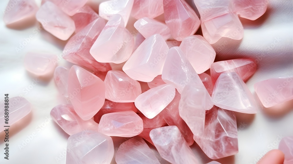 Obraz premium Rose Quartz Crystals Raw Stones on satin cloth, product photography, Manifestation, spiritual, background mockup