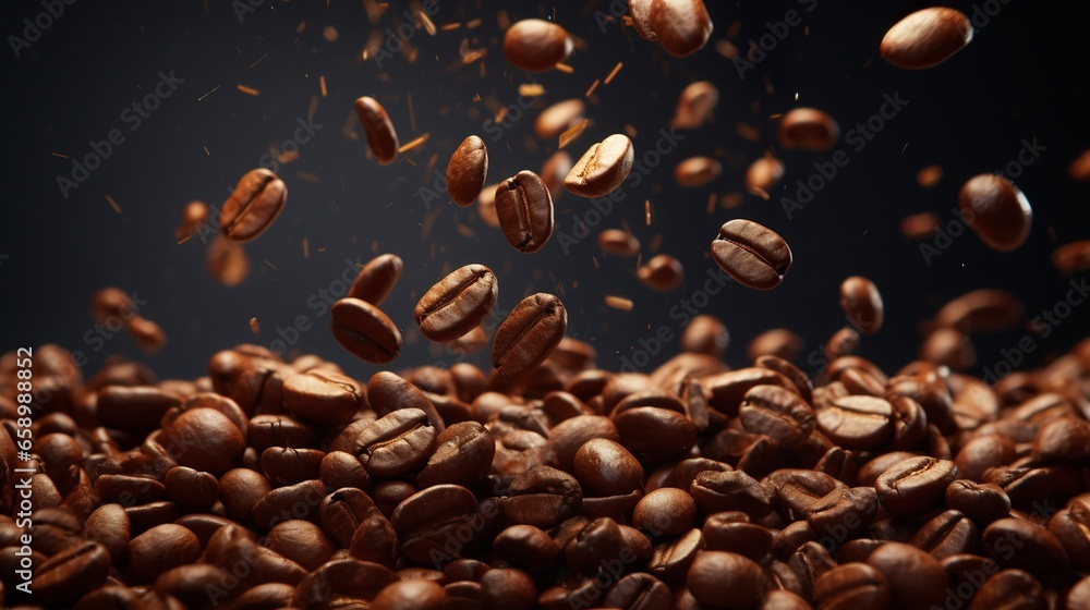 Flying coffee beans close-up, Generative AI Flying coffee beans close-up, Generative AI
