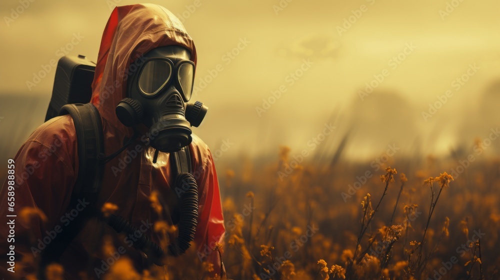Person in a hazmat suit and gas mask standing in a filed. Concept of toxic pesticide usage. Generative AI Person in a hazmat suit and gas mask standing in a filed. Concept of toxic pesticide usage. Generative AI