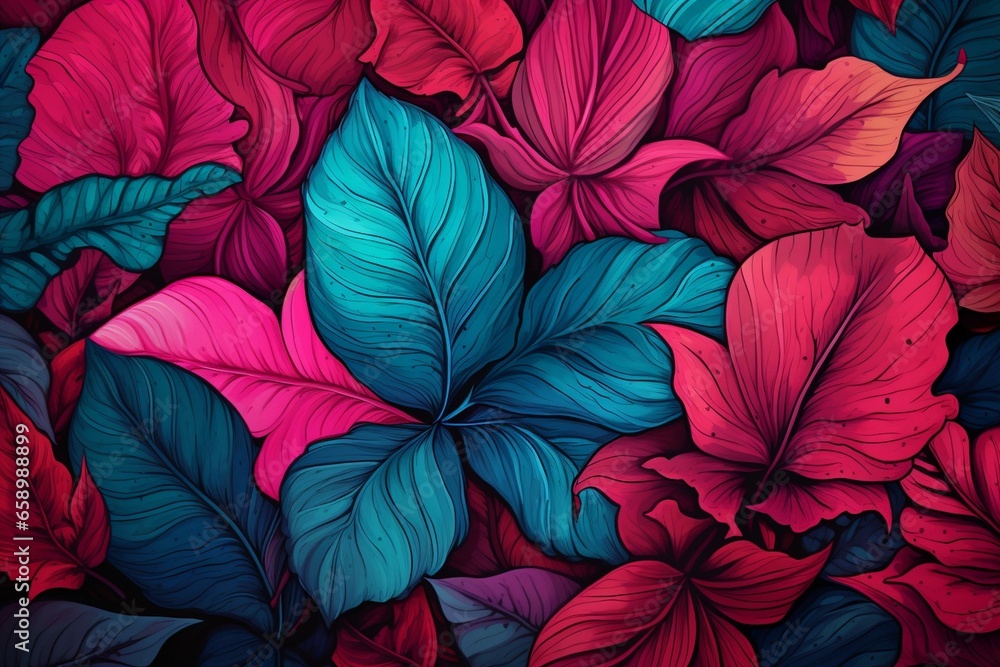 Assorted leaves surrounded by botanical plants in shades of pink, rose, red, teal, and turquoise. Generative AI