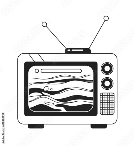 Waves ocean on old tv vintage black and white 2D cartoon object. Old fashioned retro television program isolated vector outline item. Watching nostalgia show monochromatic flat spot illustration