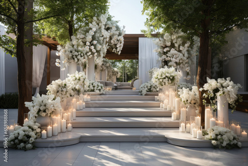 Wedding decoration of the villa's outdoor terrace with candles and white flowers