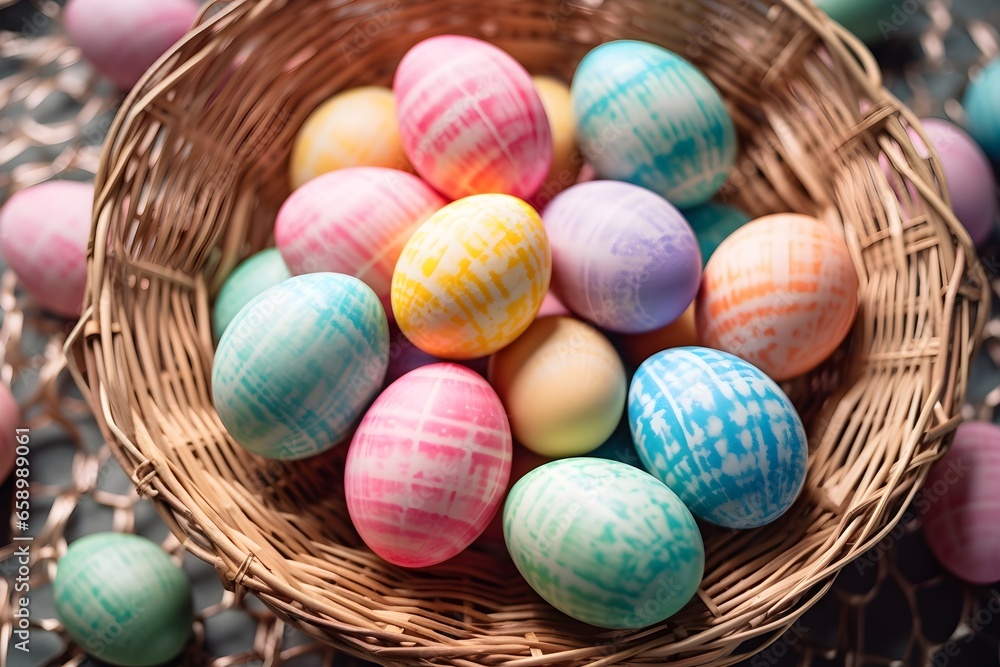 Happy Easter Background with hand painted colorful pastel easter eggs in a rattan basket mockup photography invitation banner Happy Easter Background with hand painted colorful pastel easter eggs in a rattan basket mockup photography invitation banner