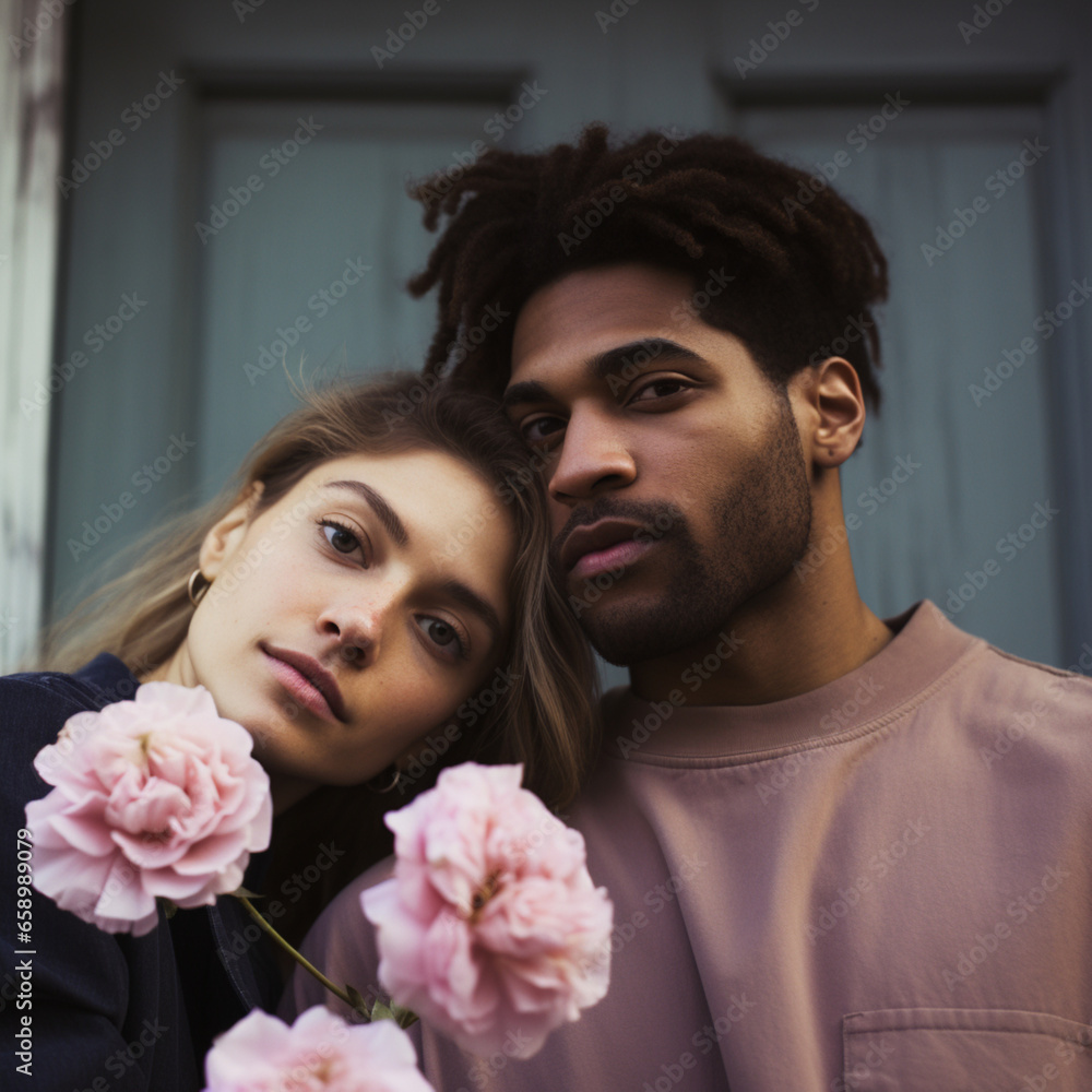A mixed couple posing for the camera outdoors A mixed couple posing for the camera outdoors