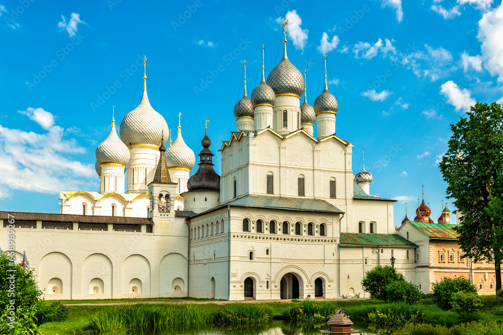 Inner lord's courtyard in the Kremlin of Rostov the Great with a view of the Resurrection Church and the domes of the Assumption Cathedral