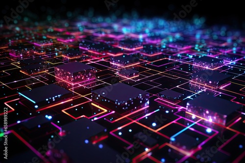 Abstract technology circuit background. 3d rendering, 3d illustration, Blockchain on a data computation layer, AI Generated