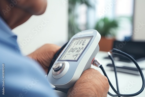 Closeup of senior man measuring blood pressure with digital sphygmomanometer, Blood pressure monitor in the medical office. The doctor monitoring Blood pressure, AI Generated