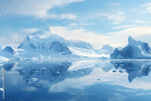Antarctic landscape with icebergs and snow-capped mountains, Blue Ice covered mountains in south polar ocean. Winter Antarctic landscape, AI Generated