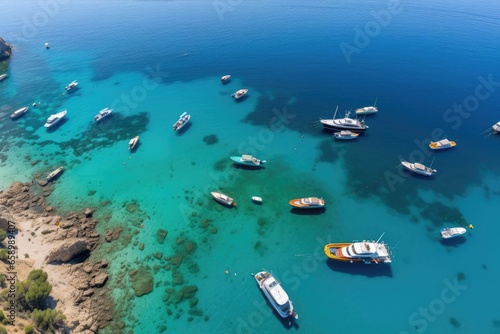 Aerial view of boats in Zakynthos island, Greece, Boats from air. Aerial view on sea in Turkey. Summer seascape with clear water in sunny day. Top view of boats from drone, AI Generated © Iftikhar alam