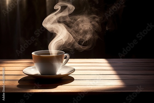 Morning elixir. Steam rising from hot coffee cup. Aromatic delight. Closeup of tea steam on vintage table. Brewed to perfection. Espresso aroma in wooden mug