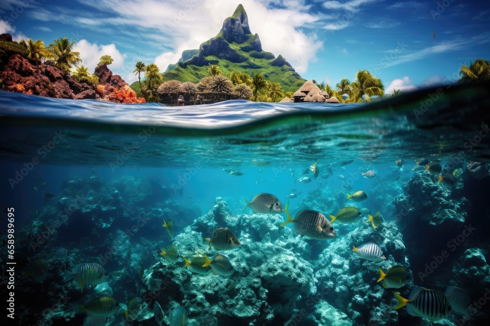 Underwater view of coral reef with tropical fish and island in background, Bora Bora underwater, AI Generated