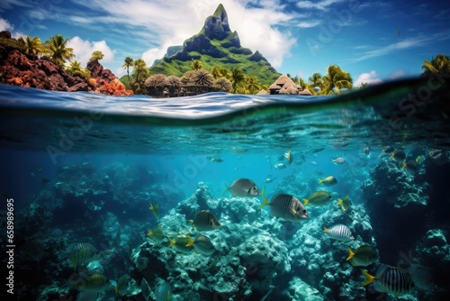 Underwater view of coral reef with tropical fish and island in background, Bora Bora underwater, AI Generated © Iftikhar alam