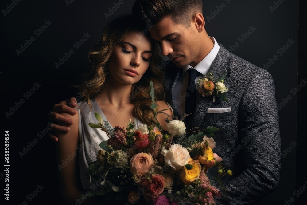 Wedding couple with bouquet of flowers on black background, bride and groom holding bouquet, AI Generated Wedding couple with bouquet of flowers on black background, bride and groom holding bouquet, AI Generated