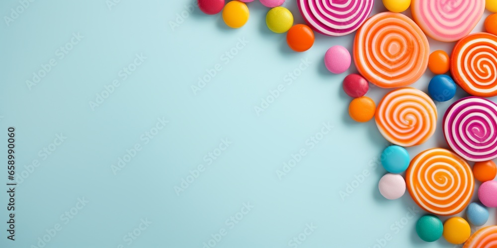 A lively arrangement of colorful candy swirls in a flat lay, providing bright and cheerful visuals alongside ample empty space for versatile design use. A lively arrangement of colorful candy swirls in a flat lay, providing bright and cheerful visuals alongside ample empty space for versatile design use.