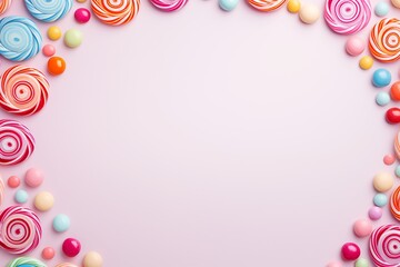 A lively arrangement of colorful candy swirls in a flat lay, providing bright and cheerful visuals alongside ample empty space for versatile design use.