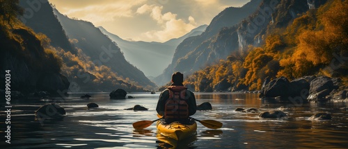 back view of a man in kayak row on mountain canyon 