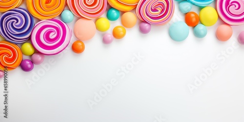 A lively arrangement of colorful candy swirls in a flat lay, providing bright and cheerful visuals alongside ample empty space for versatile design use.