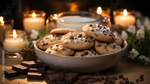 Close up chocolate chip cookies in cup bowl with candles