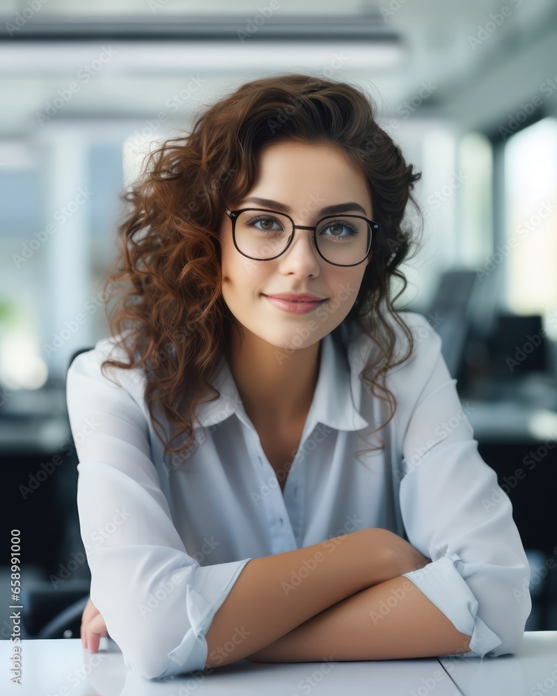 Fototapeta premium Close up portrait of smiling beautiful millennial businesswoman or CEO looking at camera, happy female boss posing making, confident successful woman at work.