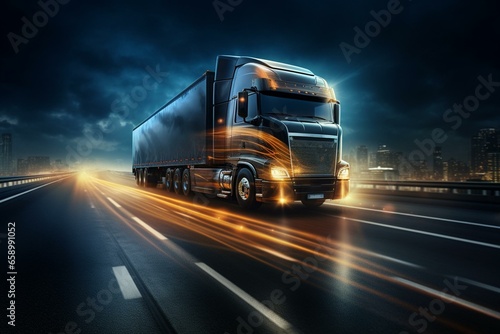 Truck with trailer drives at night on road with special effects. Generative AI