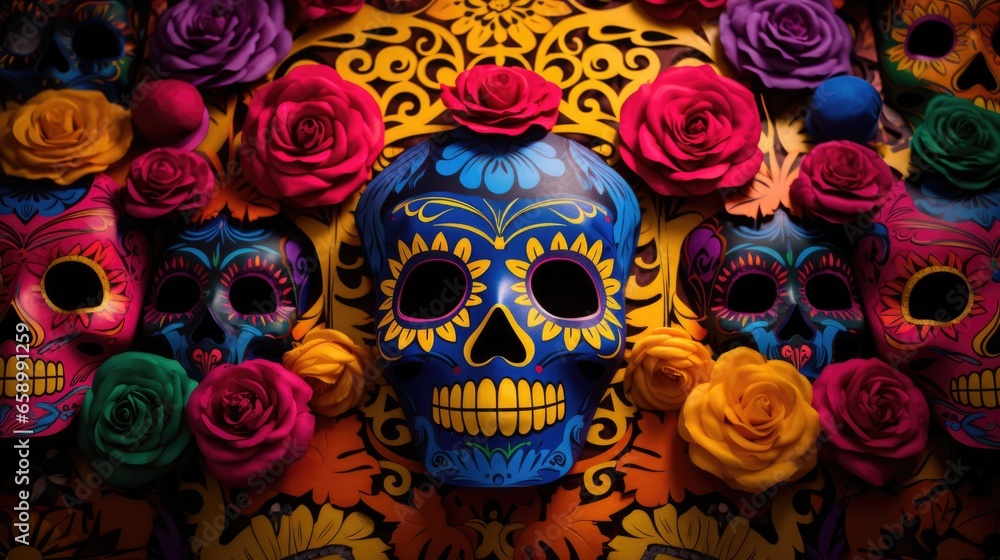 Vibrant Day of the Dead skulls and Papel Picado, a colorful Mexican tradition