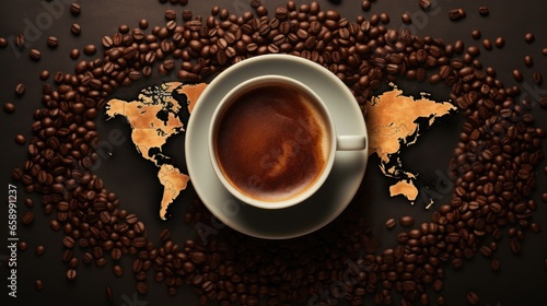 World map background with a coffee cup, symbolizing global coffee culture