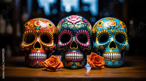Vividly painted Day of the Dead skulls and Papel Picado add a burst of color to celebrations. © Valeriia
