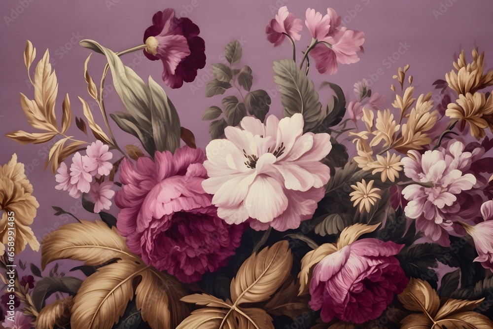 Purple and gold themed Renaissance inspired floral illustration vintage ...