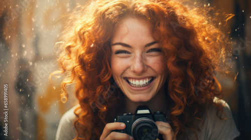 Smiling female photographer on International Photographer's Day, creativity in focus photo