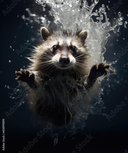 Raccoon falling into the water, splashing © cherezoff
