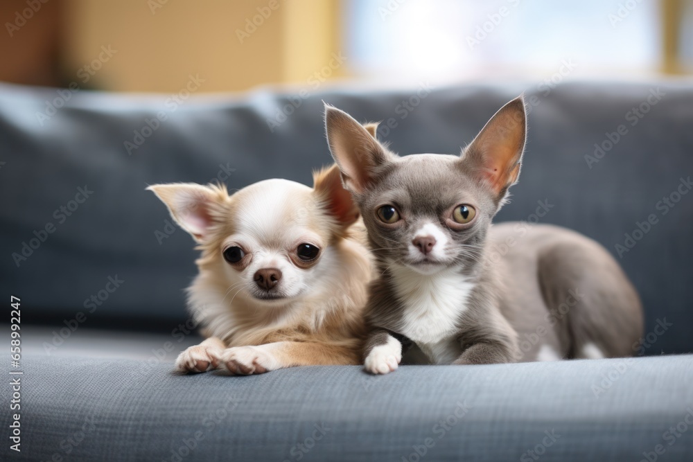Chihuahua and cat lying together on a sofa at home.