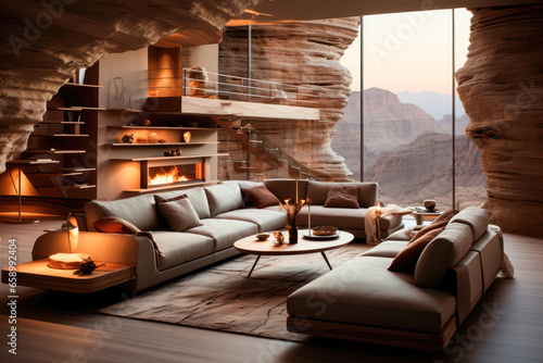 Modern living room interior in desert or cave style