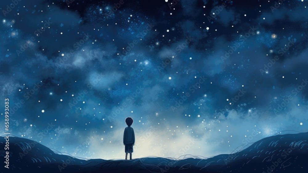 Back view of little boy looking at night sky with moon and stars background - obrazy, fototapety, plakaty 