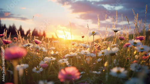 Fototapeta Naklejka Na Ścianę i Meble -  A meadow of wildflowers during the evening's sunset.