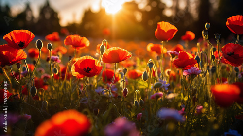 Sunset over a field of blooming wildflowers.