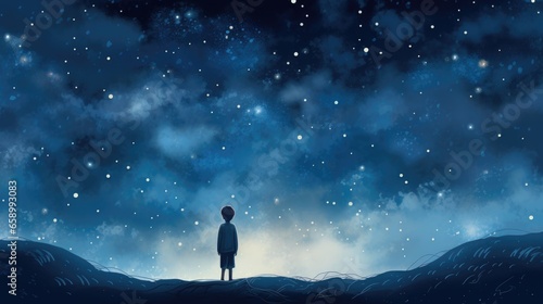 Back view of little boy looking at night sky with moon and stars background