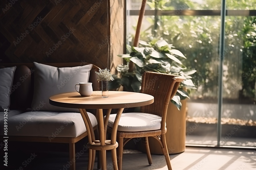 A warm and welcoming view of a cozy cafe, featuring charming wooden tables and chairs, creating a serene and homely atmosphere, inviting for relaxed conversations and leisurely coffee breaks.