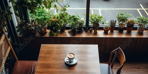 A warm and welcoming view of a cozy cafe, featuring charming wooden tables and chairs, creating a serene and homely atmosphere, inviting for relaxed conversations and leisurely coffee breaks.