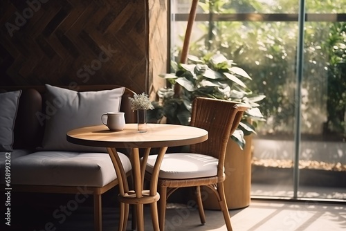 A warm and welcoming view of a cozy cafe  featuring charming wooden tables and chairs  creating a serene and homely atmosphere  inviting for relaxed conversations and leisurely coffee breaks.